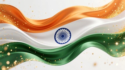 Flowing tricolor fabric wave with ashoka chakra and golden sparkles