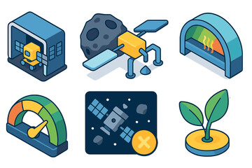 Space Industry Icons. Space industry responsibility systems flat isometric set: satellite production module, asteroid resource node, processing bar, emission control arc, energy