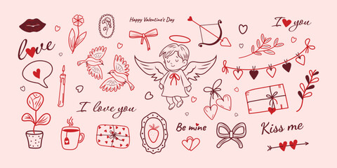 Vintage, hand-drawn cute elements for celebrating Valentine's Day in a sketch style. Line drawing. Angel, heart, ribbon, bow, plants. Vector illustration of a holiday, love.