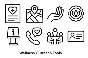 Health Outreach Icons. Wellness Outreach Tools linear set: health flyer, community map, support hand, wellness badge, info kiosk, care hotline icon, group session circle, resource