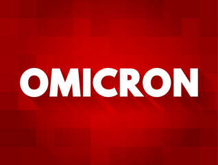 Omicron text displayed in large bold letters on a patterned background with subtle block shapes, creating a modern attention-grabbing design suitable for alerts, headlines, and informational graphics