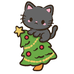 Kawaii black cat sitting on decorated christmas tree cute holiday winter character illustration festive art for cards stickers seasonal decor