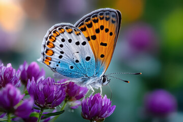 Obraz premium Vibrant Butterfly on Purple Flowers in Soft Light