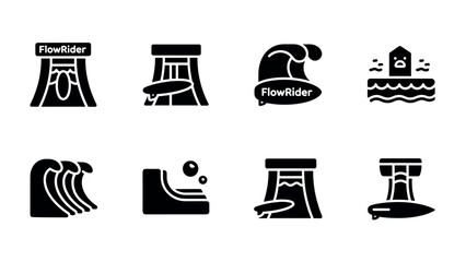 Surf park icon set: black silhouette symbols of waves and surfing attractions