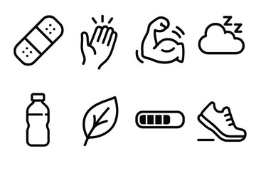 Recovery Icon Set. Physical Recovery linear set: bandage icon, healing hand, muscle relief line, rest bubble, hydration bottle, wellness leaf, progress bar, steady step.