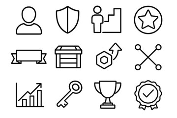 Game Progression Icons. Player Progression linear set: avatar silhouette, rank badge, progression ladder, achievement star, milestone banner, reward crate, talent upgrade arrow,