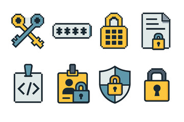 Data Security Icons. Information Encryption Set set of icons in flat pixel vector style: key pair icon, encrypted text bar, cipher lock, secure document, code fragment tile, token