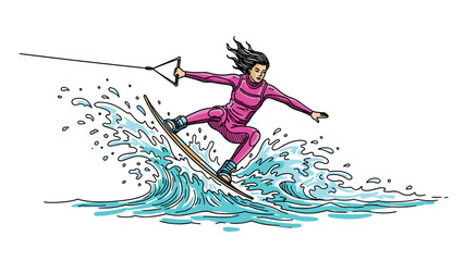 Dynamic woman wakeboarding with energetic waves in vibrant colors
