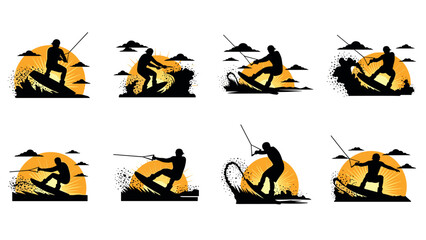 Dynamic silhouettes of wakeboarders against vibrant sunset background