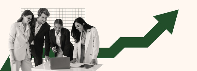 A group of four professionals examines data on a laptop during a meeting, smiling and discussing their strategies for improving business outcomes. The backdrop suggests upward growth.