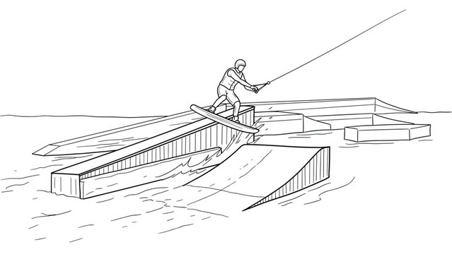Wakeboarder riding on water park ramp in linear style