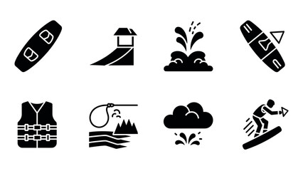 Water sports icons: silhouette set featuring wakeboard, surfing, and equipment symbols