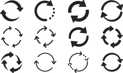Collection of black circular arrows showing rotation direction and continuous movement