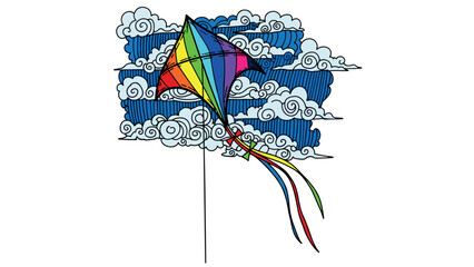Vibrant rainbow kite flying against a cloudy sky