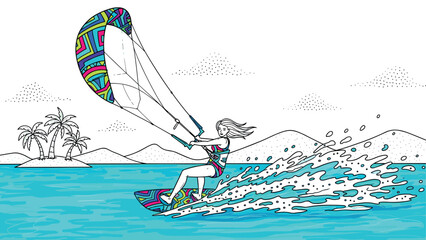 Colorful kite surfing in tropical waters with geometric patterns and palm island