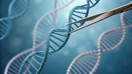 A close-up of DNA strands being cut by scissors, symbolizing genetic editing and biotechnology advancements.