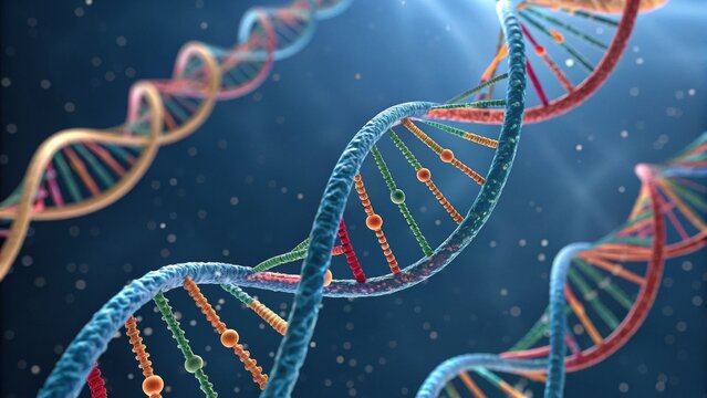 A vibrant, digital illustration of DNA strands showcasing colorful nucleotides against a dark background, symbolizing the complexity of genetics. - Powered by Adobe
