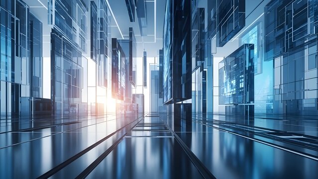 Rascacielos de oficinas de negocios modernos y vac&iacute;os.
 Edificios de gran altura en el distrito comercial con cielo azul.
 fondo de oficina de alta tecnolog&iacute;a brillante y limpio