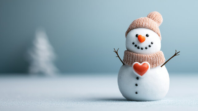 Christmas snowman with orange carrot nose and heart decoration wearing knitted hat in winter landscape, joyful holiday scene - Powered by Adobe