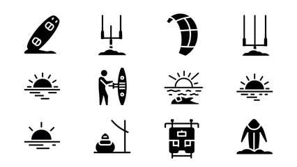 Fototapeta premium Kitesurfing icon set featuring gear and sunset scenes in minimalist style