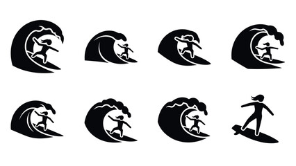 Silhouette surfing icons set with wave and surfer designs