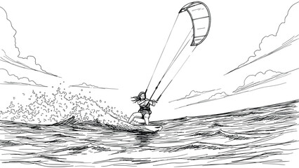 Fototapeta premium Dynamic kiteboarding adventure with waves and wind in black and white sketch style