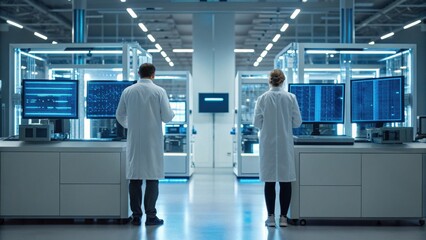 Two scientists in lab coats work at computer stations in a high-tech laboratory filled with screens and modern equipment.