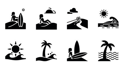 Obraz premium Summer beach icons: surfing, relaxation, and sun silhouettes