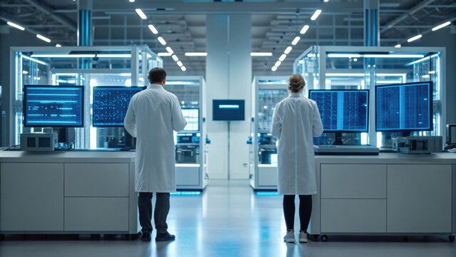 Two scientists in lab coats work at computer stations in a high-tech laboratory filled with screens and modern equipment. - Powered by Adobe
