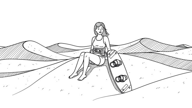Woman relaxing with kiteboard on sand dunes in linear black and white art