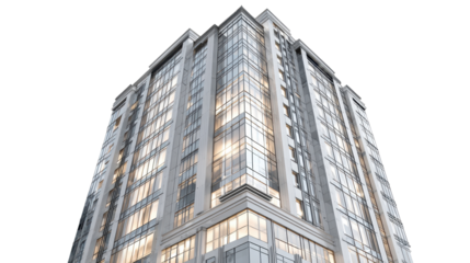 Modern skyscraper building facade featuring glass panel windows reflecting bright light, showcasing contemporary architecture and urban development on a transparent background, png