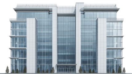 Modern corporate office building facade with sleek glass windows and minimalist steel details, representing business, finance, and contemporary urban architecture on a transparent background, png