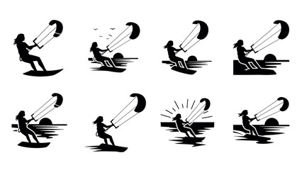 Silhouette collection of kiteboarding poses at sunset: dynamic ocean adventures