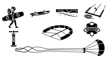 Kitesurfing equipment silhouettes: rider, board, kite, and beach elements