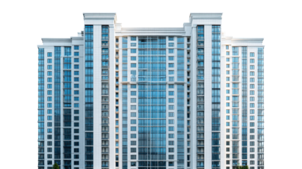 Modern residential tower building facade showcasing numerous windows and balconies. Representing urban living. Apartments. High rise architecture, png