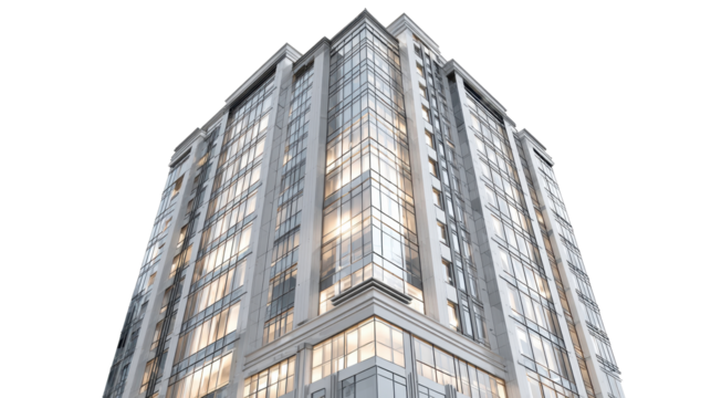 Modern skyscraper building facade featuring glass panel windows reflecting bright light, showcasing contemporary architecture and urban development on a transparent background, png - Powered by Adobe