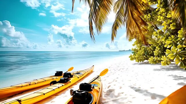 Aerial view of a tropical beach with palm trees and kayaks under a clear blue skyyellow kayaks on sandy beach with ocean in backgroundyellow kayak on sandy shore with ocean viewyellow kayakers on sa.