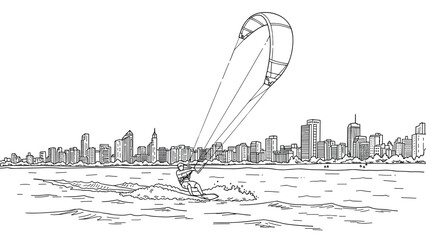 Fototapeta premium Kite surfer and urban skyline: lively line art scene of adventure and cityscape