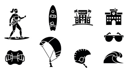 Beach activities icons: surf, kiteboarding, resort relaxation in bold silhouette style