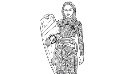 Detailed line art of woman holding wakeboard with intricate patterns