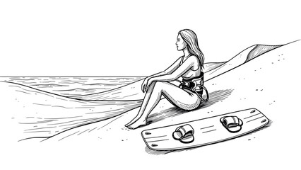 Serene beach scene with woman and surfboard in monochrome sketch style