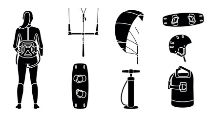 Essential kiteboarding gear set with rider and equipment icons in silhouette style