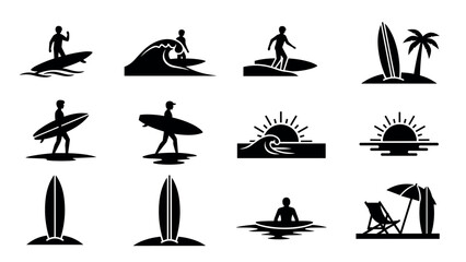 Obraz premium Surfing adventure icons set with silhouette waves, boards, and beach elements