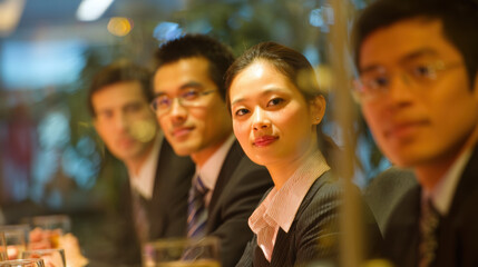 Confident Asian business team meeting in modern glass office professional collaboration corporate strategy diverse colleagues focus leadership optimism success