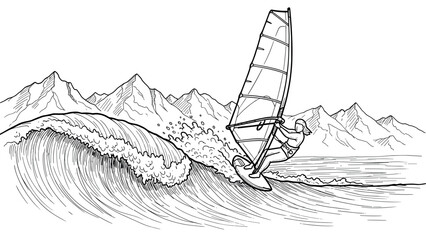 Line art windsurfer riding a wave with mountain background