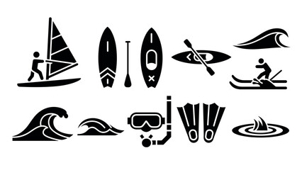 Water sports icons: sailing, surfing, kayaking, snorkeling, skiing in black silhouette style