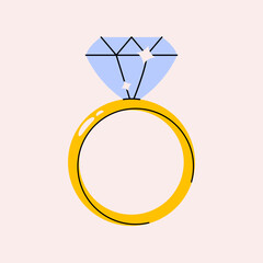 Engagement ring. Wedding gold jewellery with blue diamond, luxury circle with expensive shiny gemstone element cartoon style. Vector flat illustration