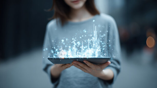 Futuristic technology digital tablet hologram data business analytics city skyline data visualization innovation young woman urban background soft focus. Futuristic technology digital tablet with - Powered by Adobe