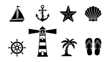 Fototapeta premium Nautical silhouette set: sailboat, anchor, lighthouse, starfish, and more