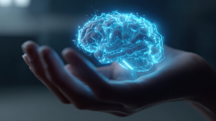 Futuristic brain glowing blue hologram human hand digital light neural network innovation technology cyber science wonder. Futuristic brain hologram hovers above human hand, radiant and inspiring